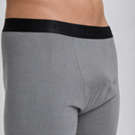 Gray boxer briefs with black waistband on a plain background