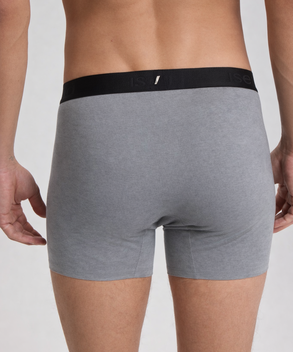 Gray boxer briefs with black waistband on a plain background