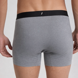 Gray boxer briefs with black waistband on a plain background