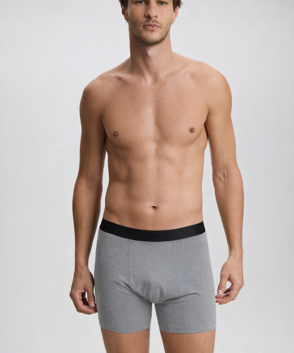 Man wearing gray boxer briefs with a black waistband on a plain background