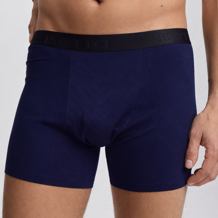 Navy blue boxer briefs with a black waistband on a plain background