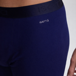 Navy blue boxer briefs with a brand logo on a white background
